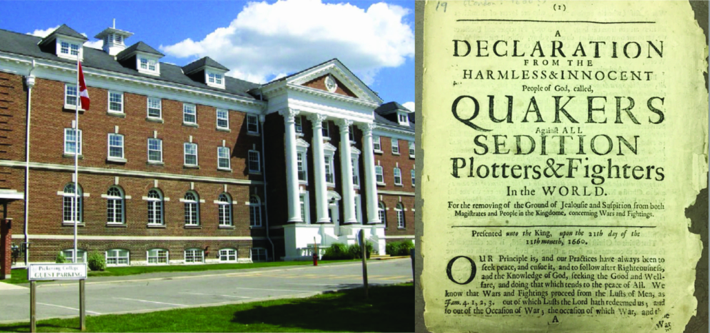 The front of Archives building, alongside a famous historical document on the Quaker peace testimony