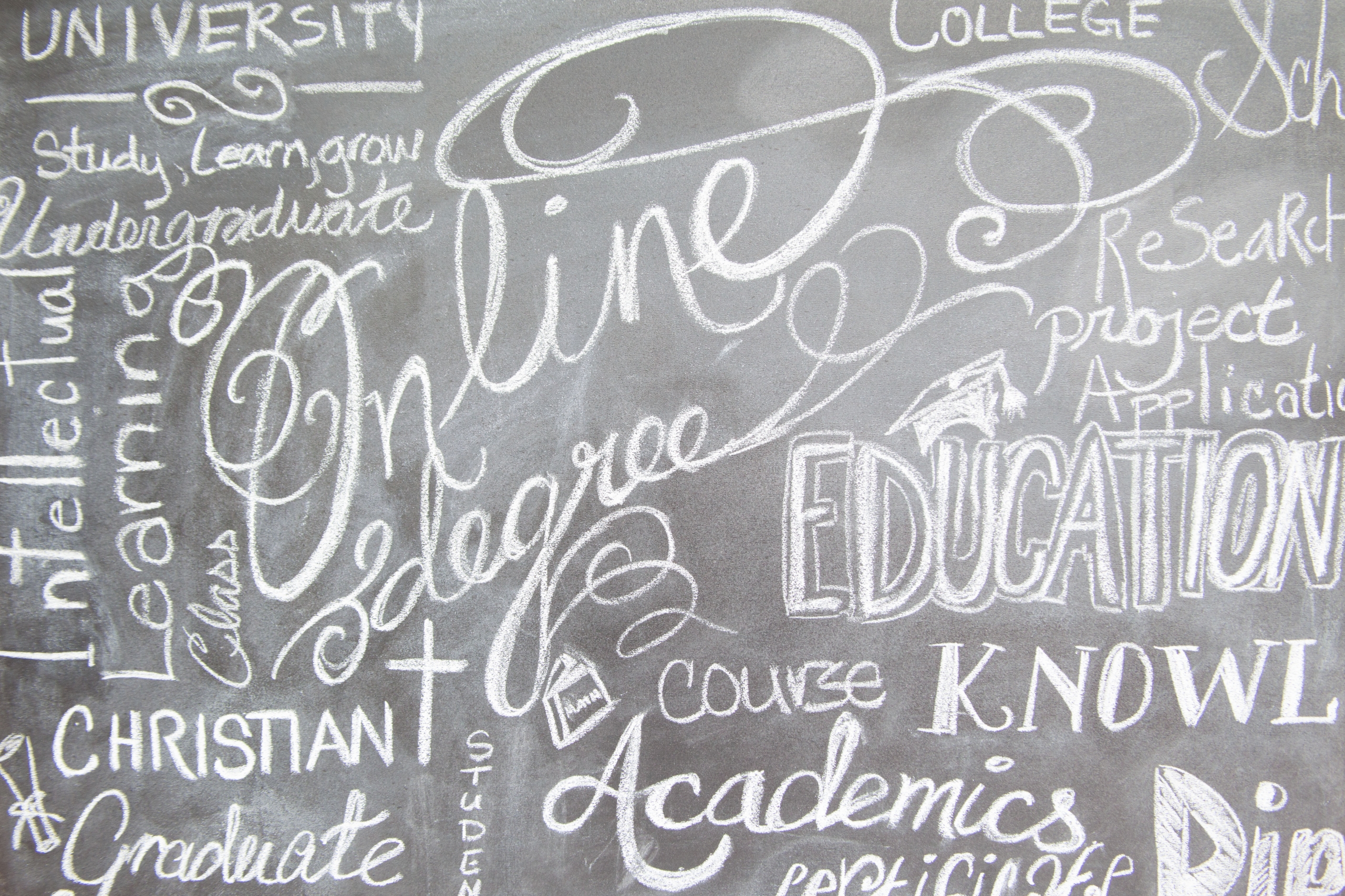 decorative chalboard with words "online education" etc